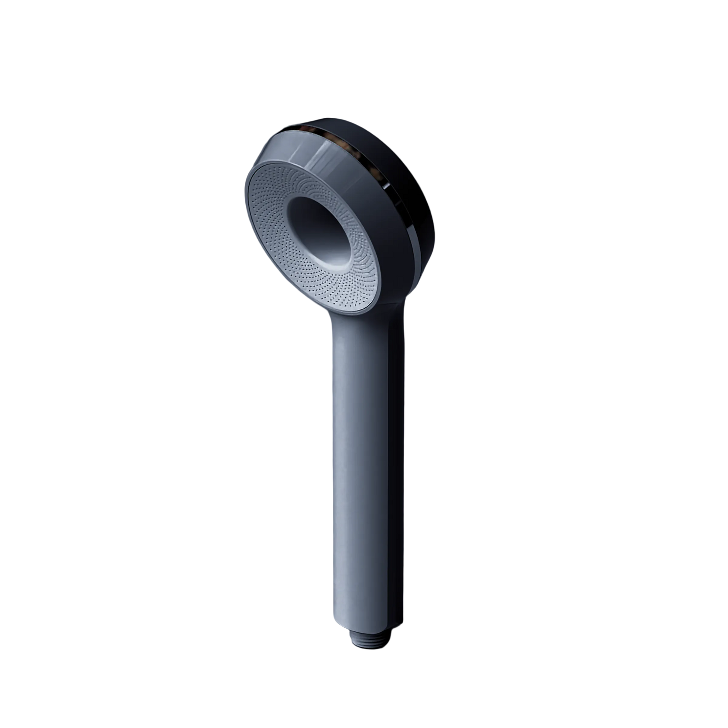 A black, handheld filtering shower head with a circular opening at the top and a sleek design.