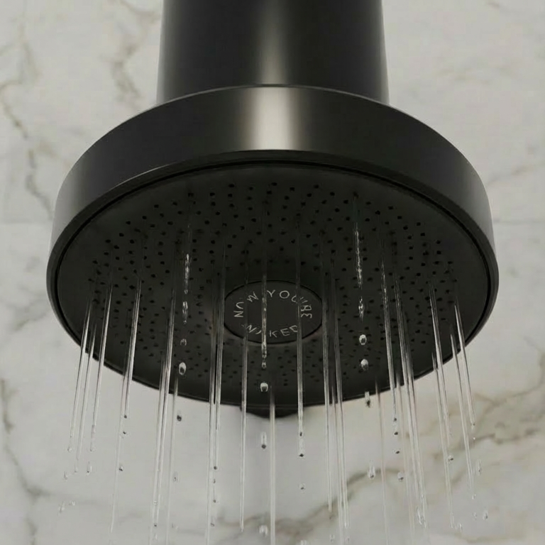Black shower head on a marble wall