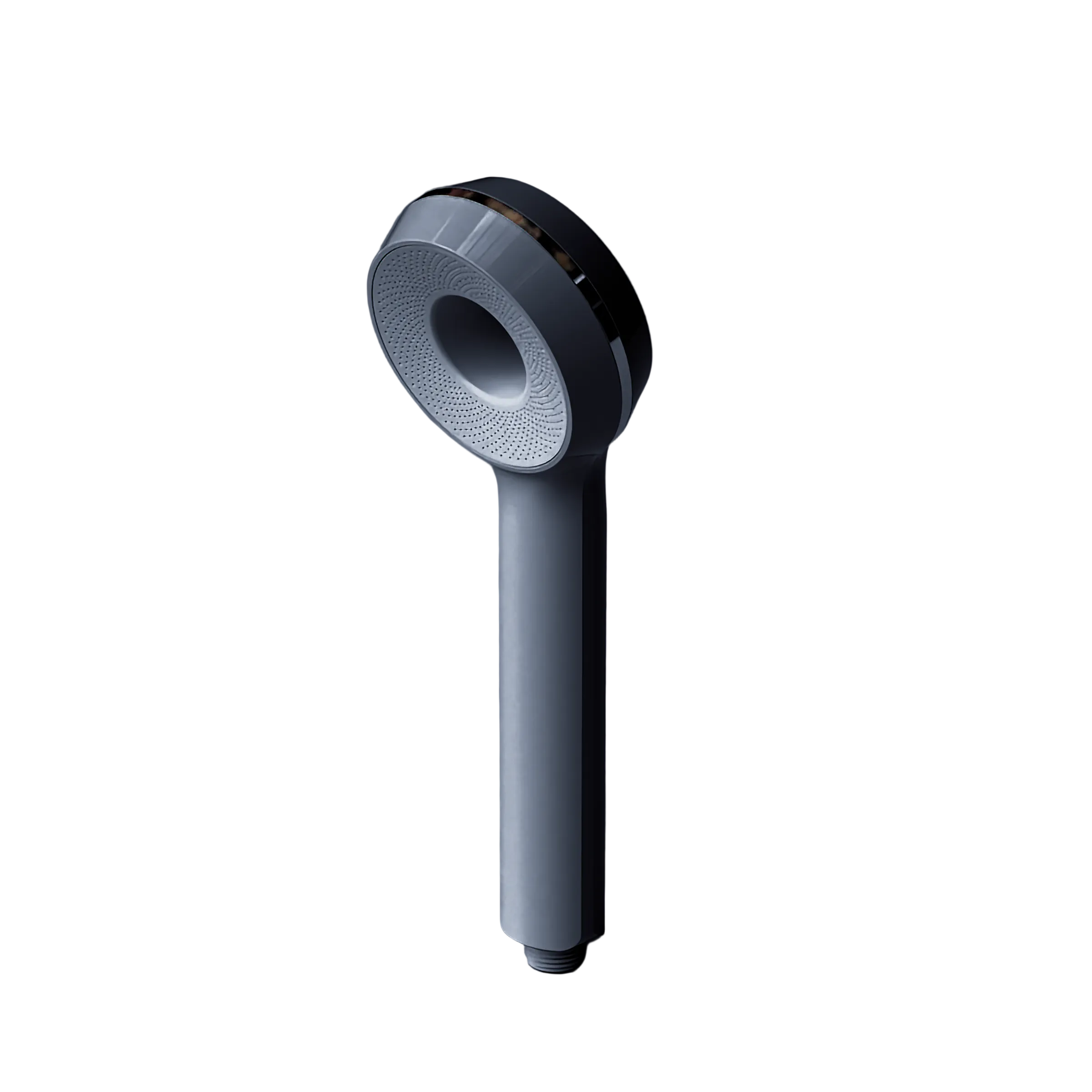 A black, handheld filtering shower head with a circular opening at the top and a sleek design.